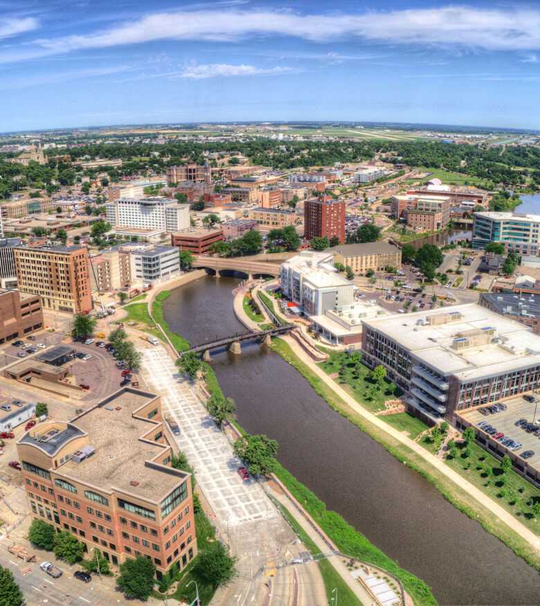 Aerial view of Sioux Falls with the Big Sioux River winding through, an ideal market for personal injury lawyers.