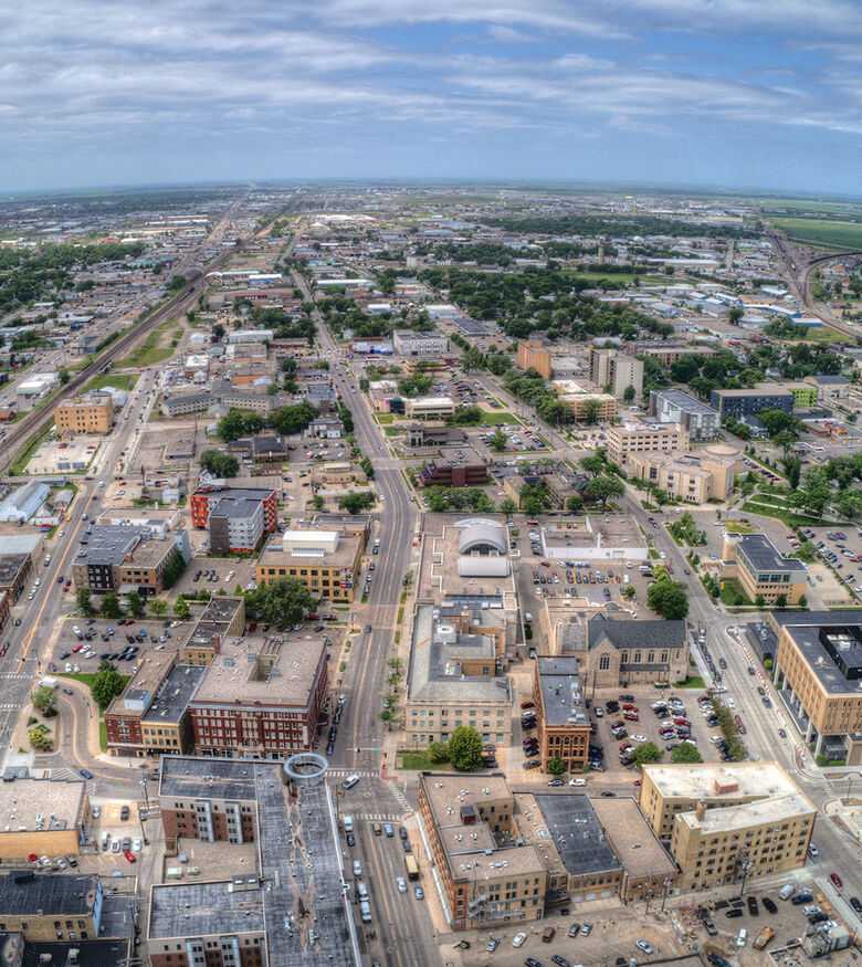 Aerial view of Fargo, showcasing a community served by dedicated personal injury lawyers.