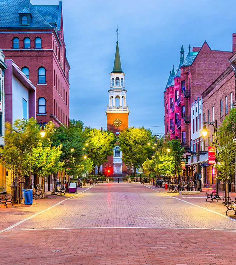 Colorful pedestrian street in Burlington with historic architecture, an inviting setting for personal injury lawyers.