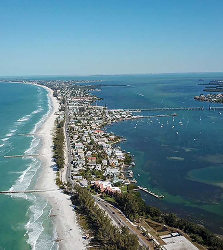 Aerial view of Bradenton coastline, backed by dedicated personal injury lawyers ensuring community safety.